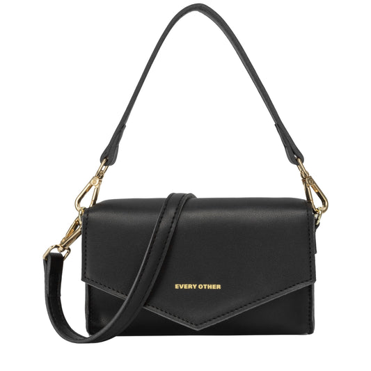 Every Other Short and Long Strap Flapover Shoulder Bag - Black