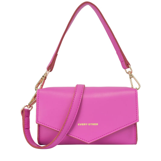 Every Other Short and Long Strap Flapover Shoulder Bag - Fuschia