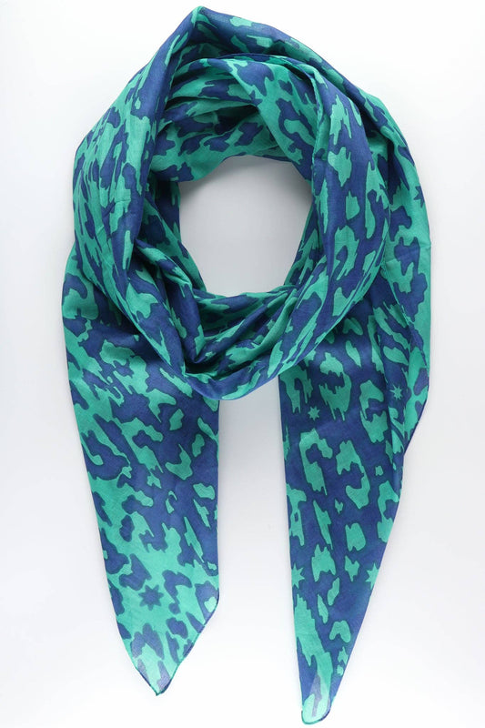 Cotton Animal Print Scarf with Star Detail in Blue: One-size