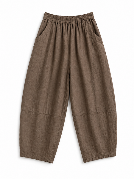 Beige Linen Barrel Leg Trousers