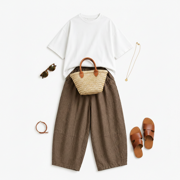 Beige Linen Barrel Leg Trousers
