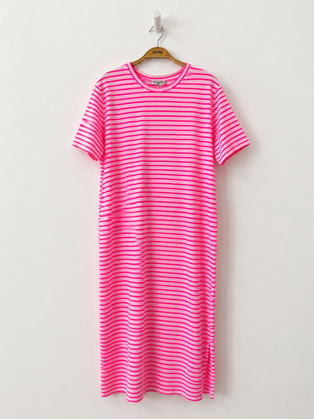 Neon Pink Stripe Maxi T Shirt Dress With Pockets For Bold Summer Comfort