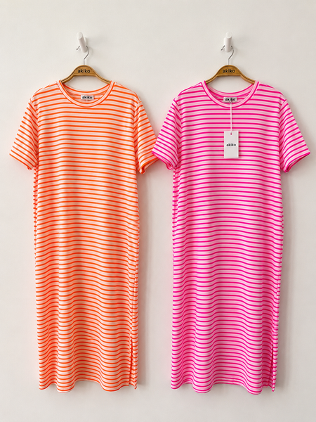 Neon Pink Stripe Maxi T Shirt Dress With Pockets For Bold Summer Comfort